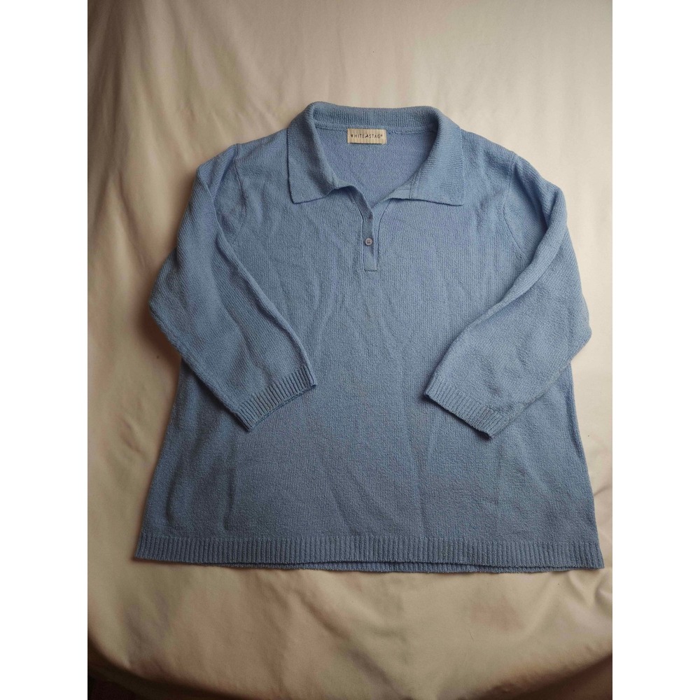 White Stag Blue Knit Polo Sweater Collared 3/4 Sleeve Large Womens